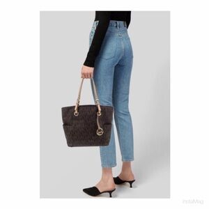 Michael Kors Dark Brown Signature Coated Canvas Leather Jet Set Monogram Tote